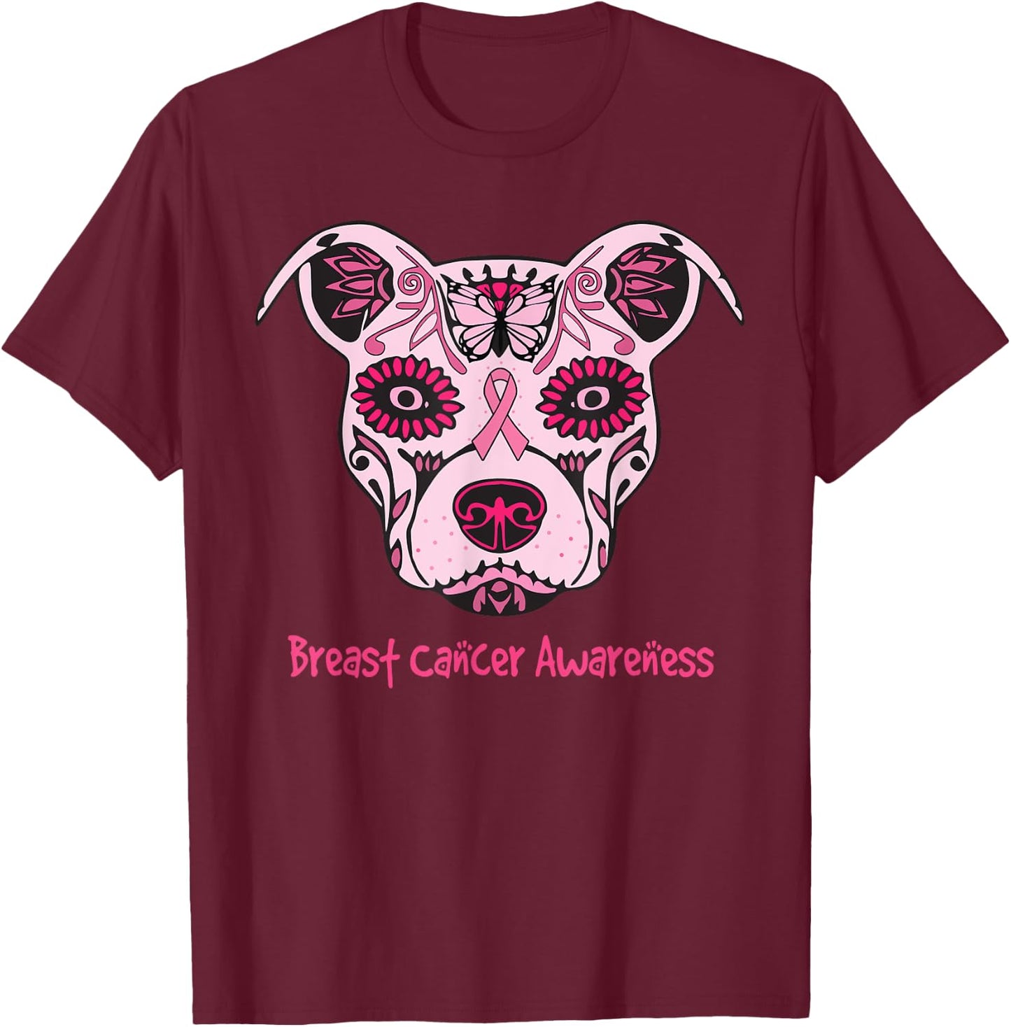 Sugar Pitbull Dog Breast Cancer Awareness Day Of The Dead Men Women Girls Kids T-Shirt - T-Shirt | Maroon