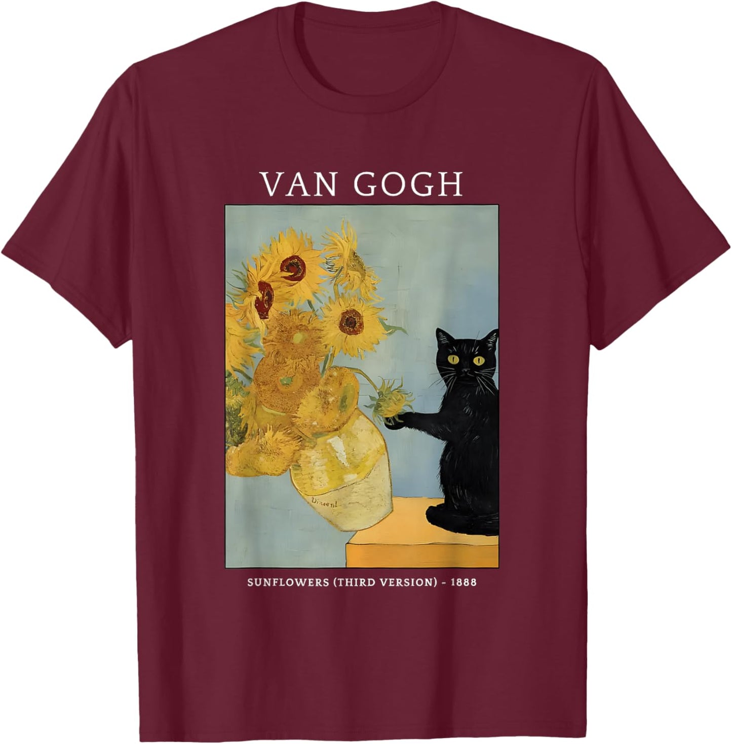 Funny Van Gogh Sunflowers Cat Meme Van Gogh Art Graphic T-Shirt - T-Shirt | Maroon