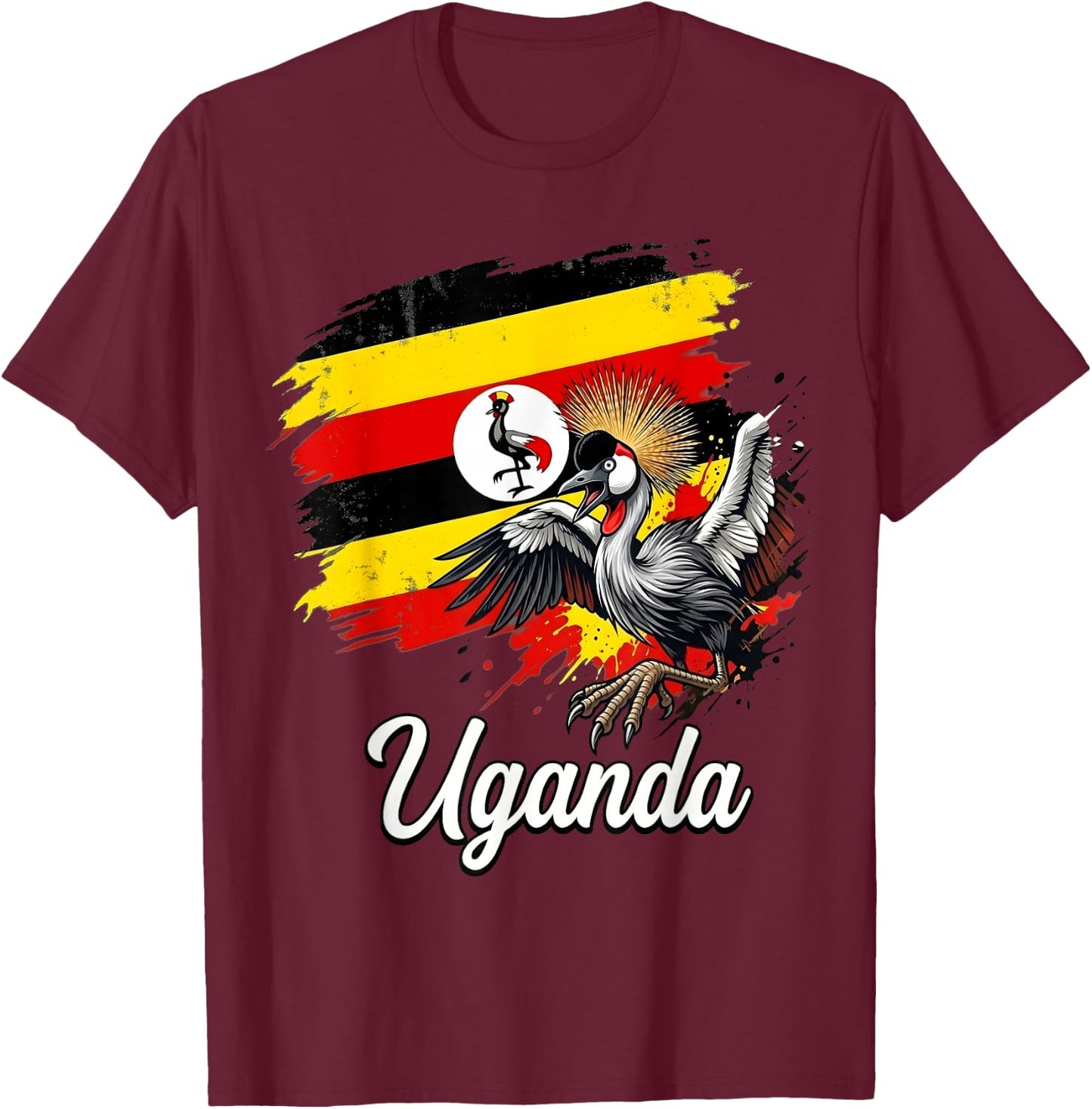 Uganda Flag Grey Crowned Crane National Bird T-Shirt - T-Shirt | Maroon