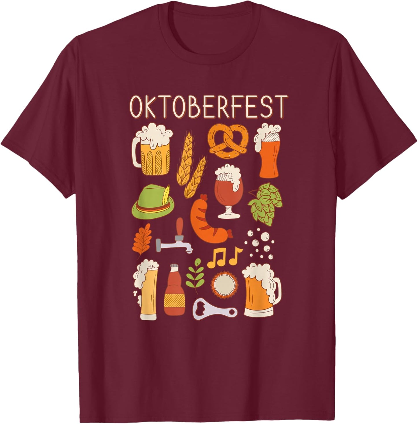 Oktoberfest Doodle Cute Beer Pretzel Weiner T-Shirt - T-Shirt | Maroon