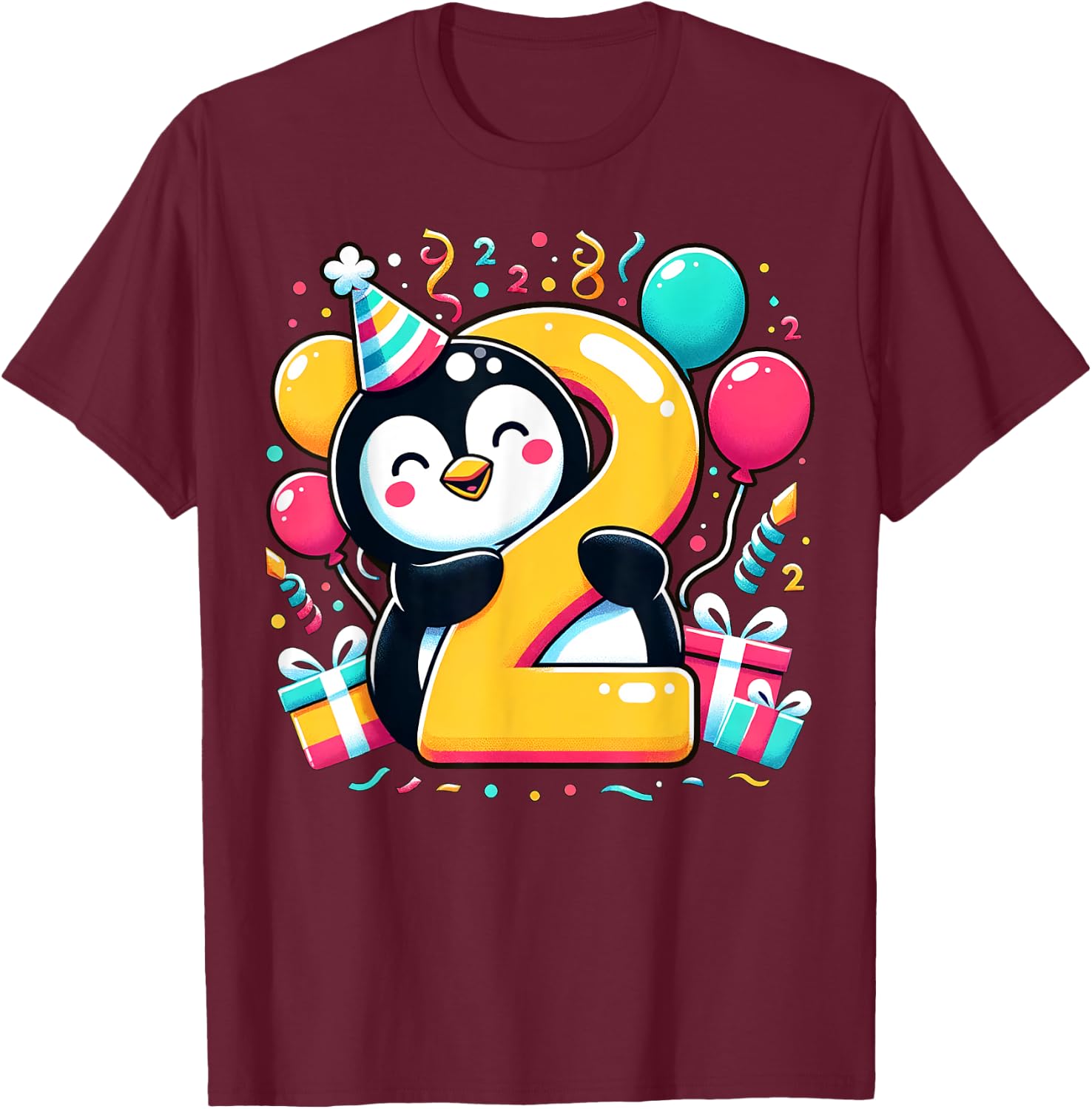 Penguin 2nd birthday boy girl 2 years old second two Penguin T-Shirt - T-Shirt | Maroon