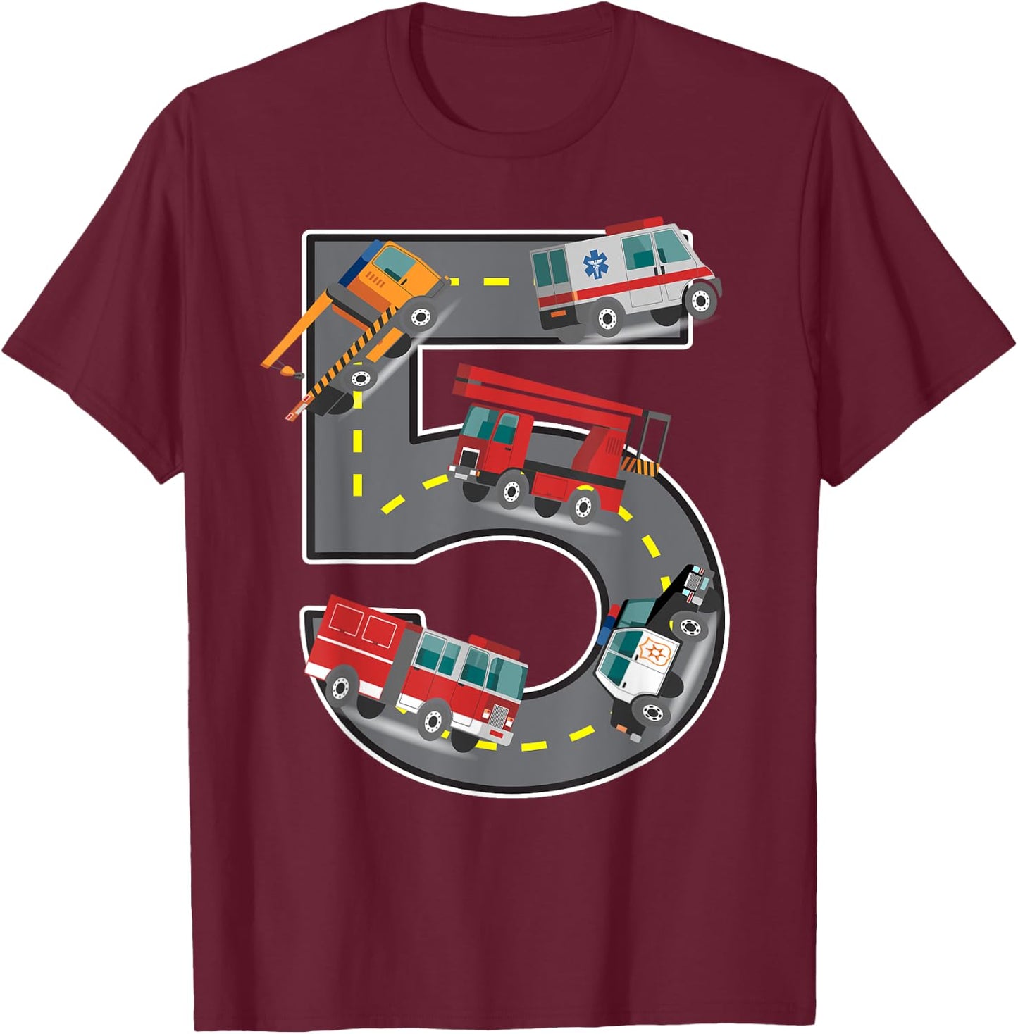 Five Year Old 5th Birthday Fire Truck Ambulance Police Car T-Shirt - T-Shirt | Maroon