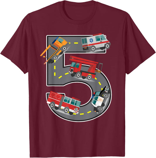 Five Year Old 5th Birthday Fire Truck Ambulance Police Car T-Shirt - T-Shirt | Maroon