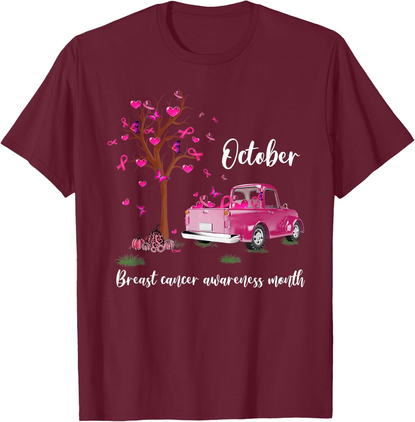 Pink Truck Pumpkin October Breast Cancer Awareness Month T-Shirt - T-Shirt | Maroon