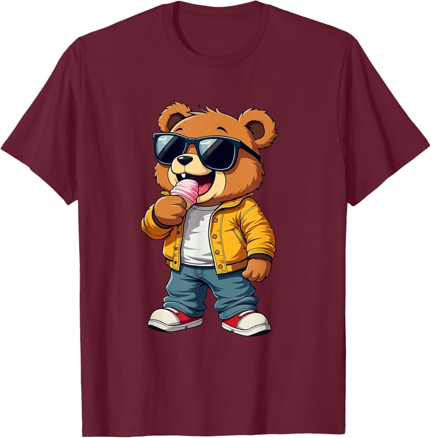 Cool Teddy Bear with Sunglasses Eating Ice Cream T-Shirt - T-Shirt | Maroon