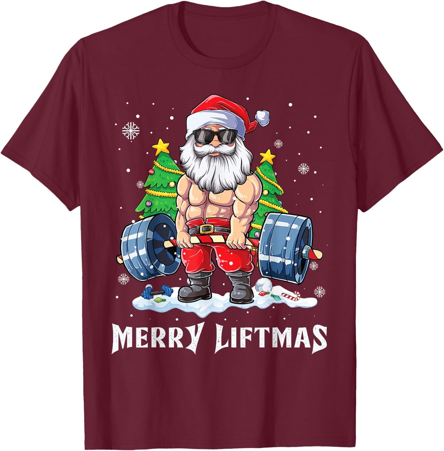 Merry Liftmas Funny Santa Claus Gym Fitness Weightlifting T-Shirt - T-Shirt | Maroon
