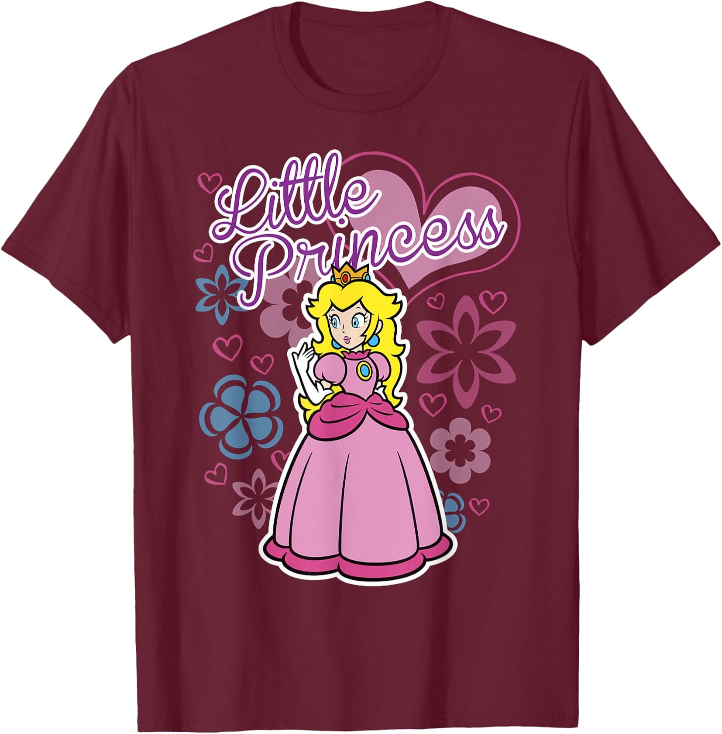 Super Mario Peach Little Princess Flowers and Hearts Poster T-Shirt - T-Shirt | Maroon