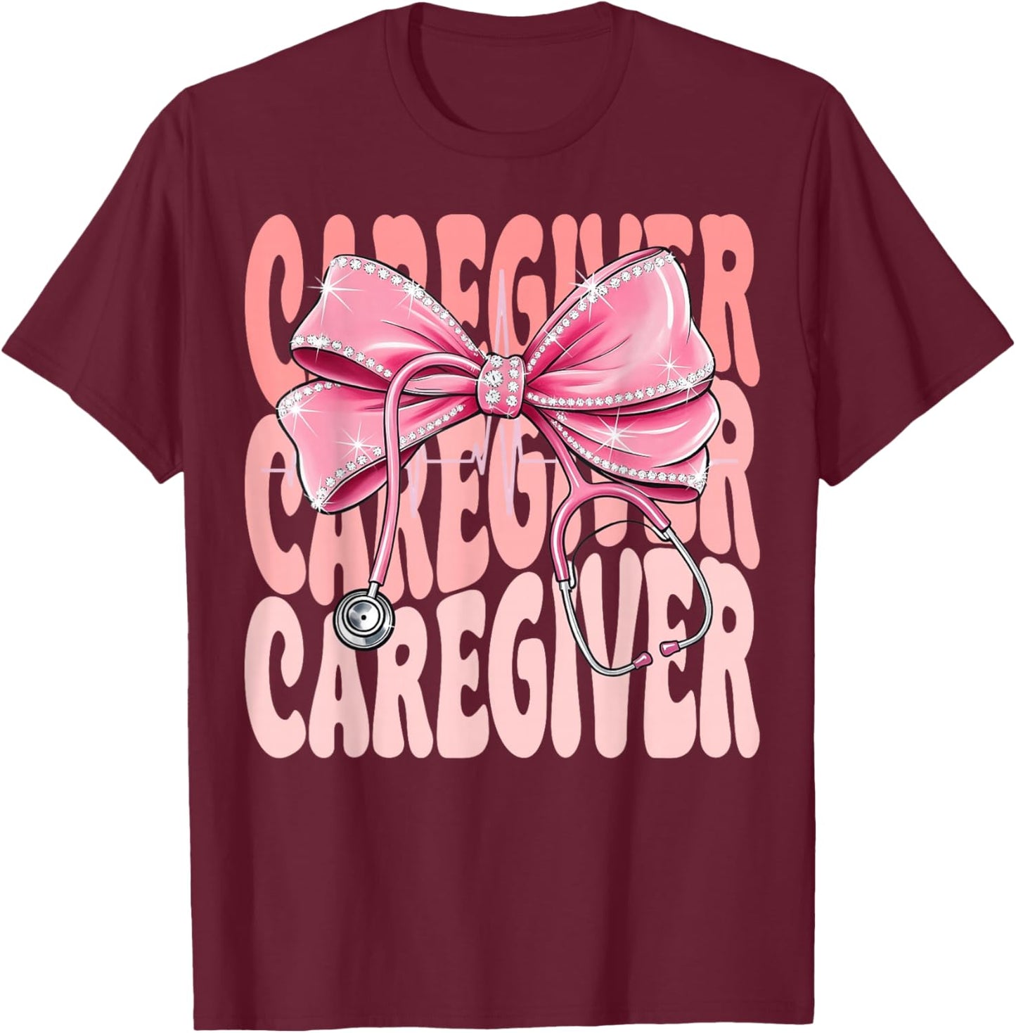 Caregiver Week Day Pink Coquette Bow Stethoscope T-Shirt - T-Shirt | Maroon