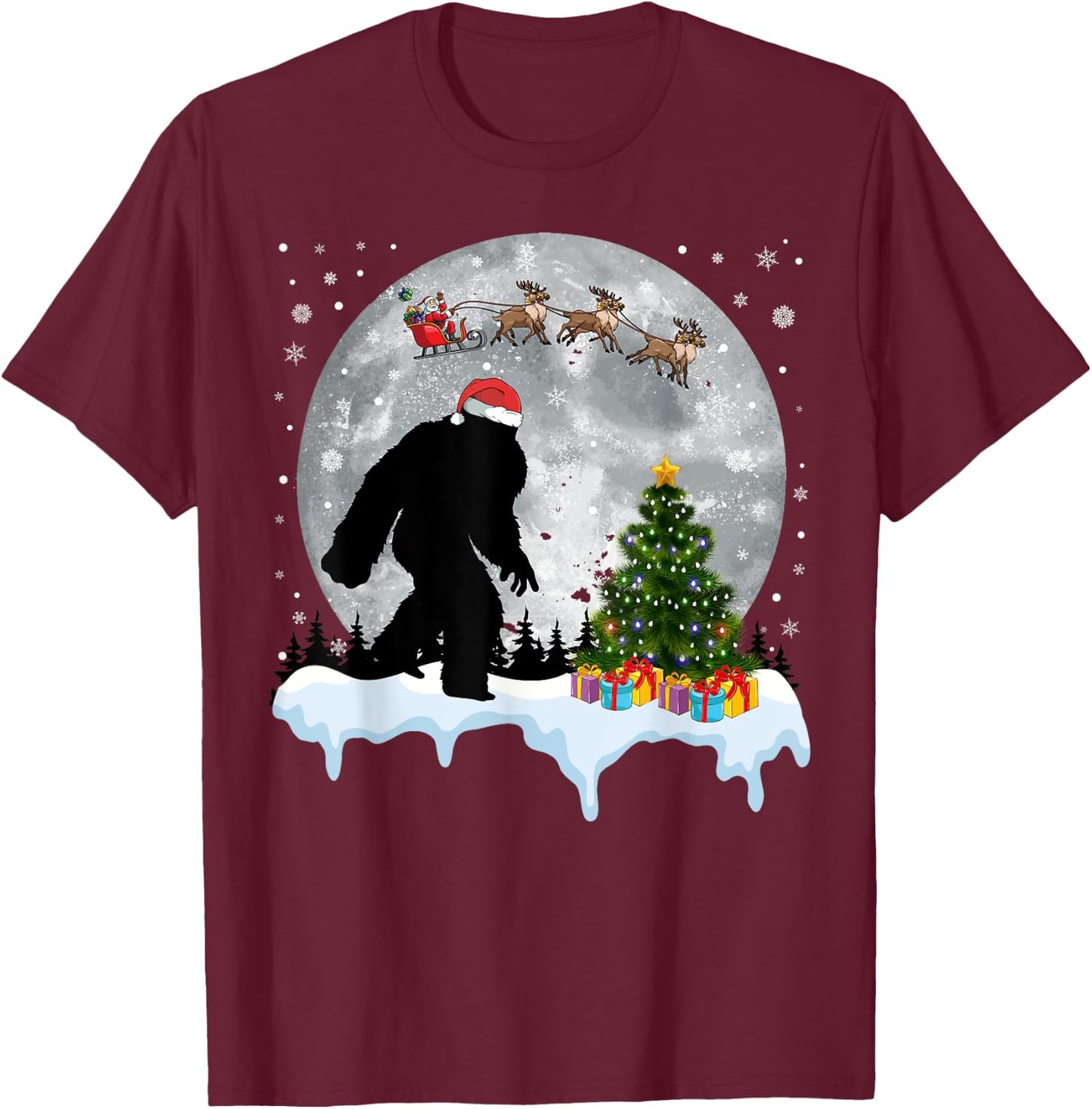 Christmas Bigfoot Santa Tree Sleigh Moon Reindeer Snow T-Shirt - T-Shirt | Maroon