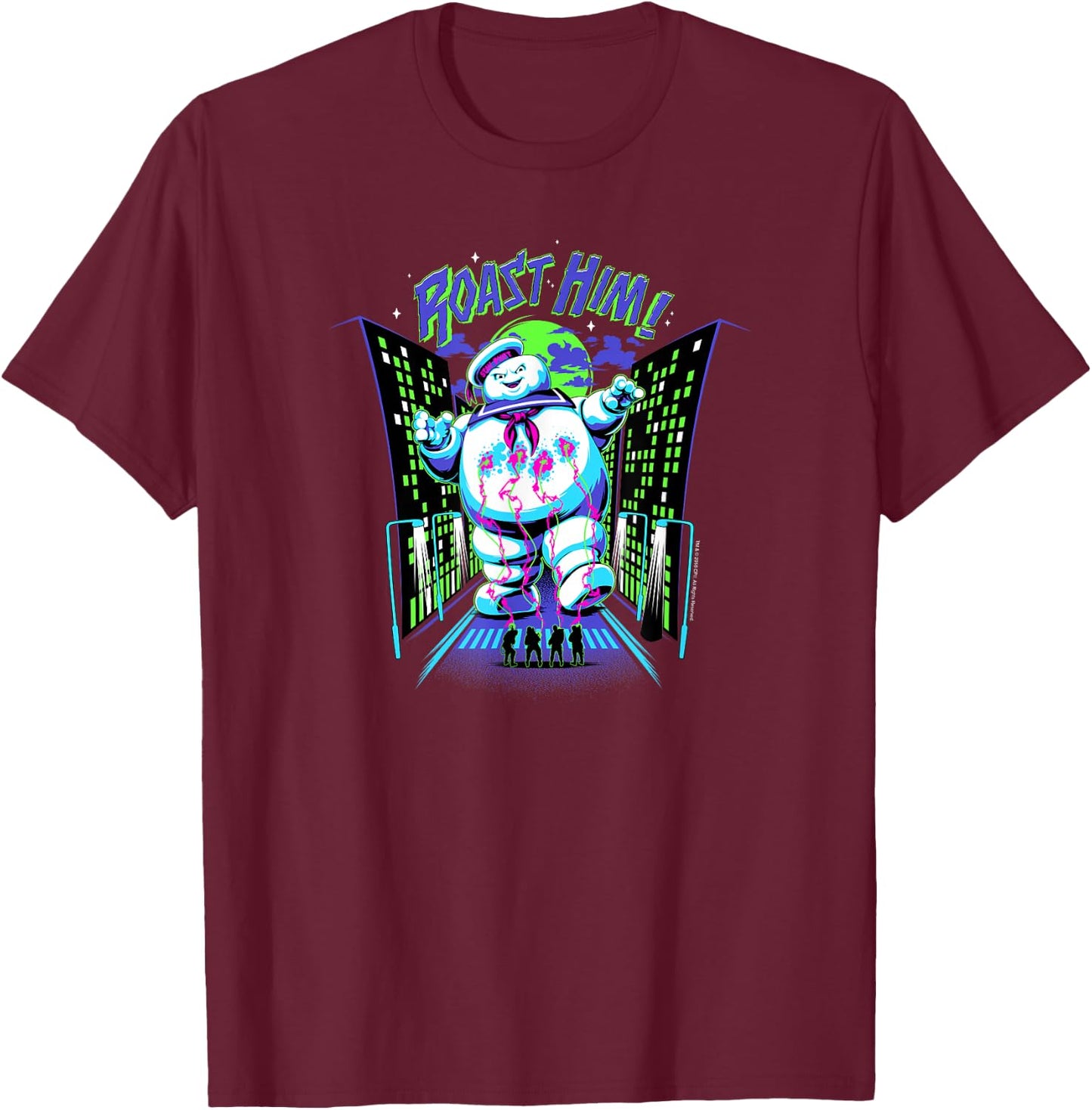 Ghostbusters Roast Him! Stay Puft Arcade Graphic Retro Movie T-Shirt - T-Shirt | Maroon