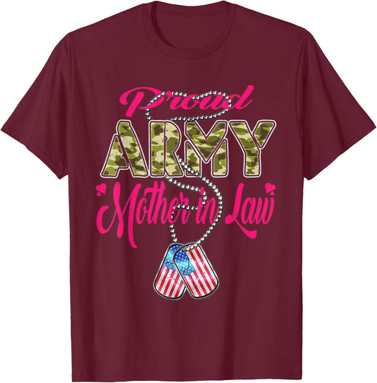 Proud Army Mother-In-Law US Flag Dog Tags Military Family Women Kids T-Shirt - T-Shirt | Maroon