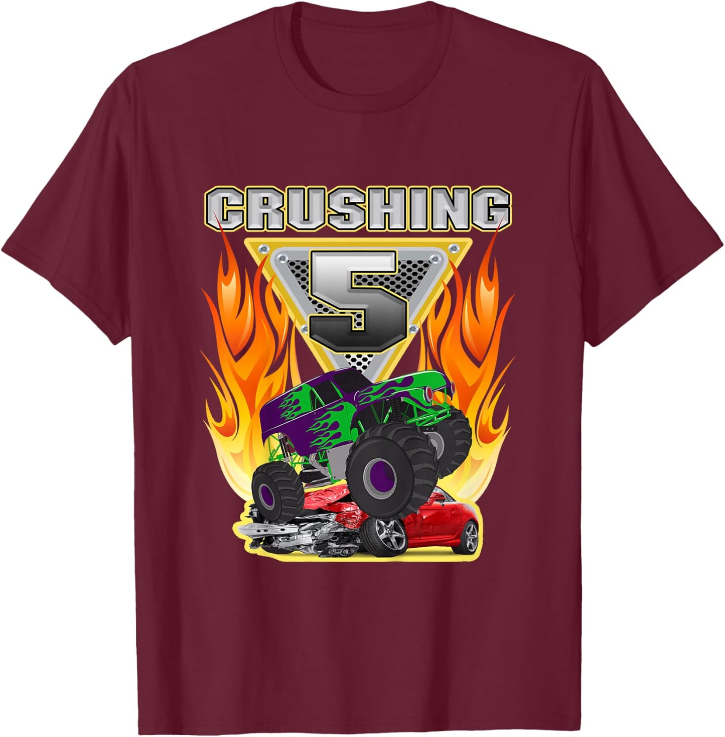 Monster Truck Crushing being 5 Five Years Old 5th Birthday T-Shirt - T-Shirt | Maroon