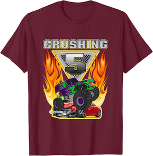 Monster Truck Crushing being 5 Five Years Old 5th Birthday T-Shirt - T-Shirt | Maroon
