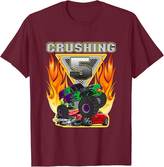 Monster Truck Crushing being 5 Five Years Old 5th Birthday T-Shirt - T-Shirt | Maroon