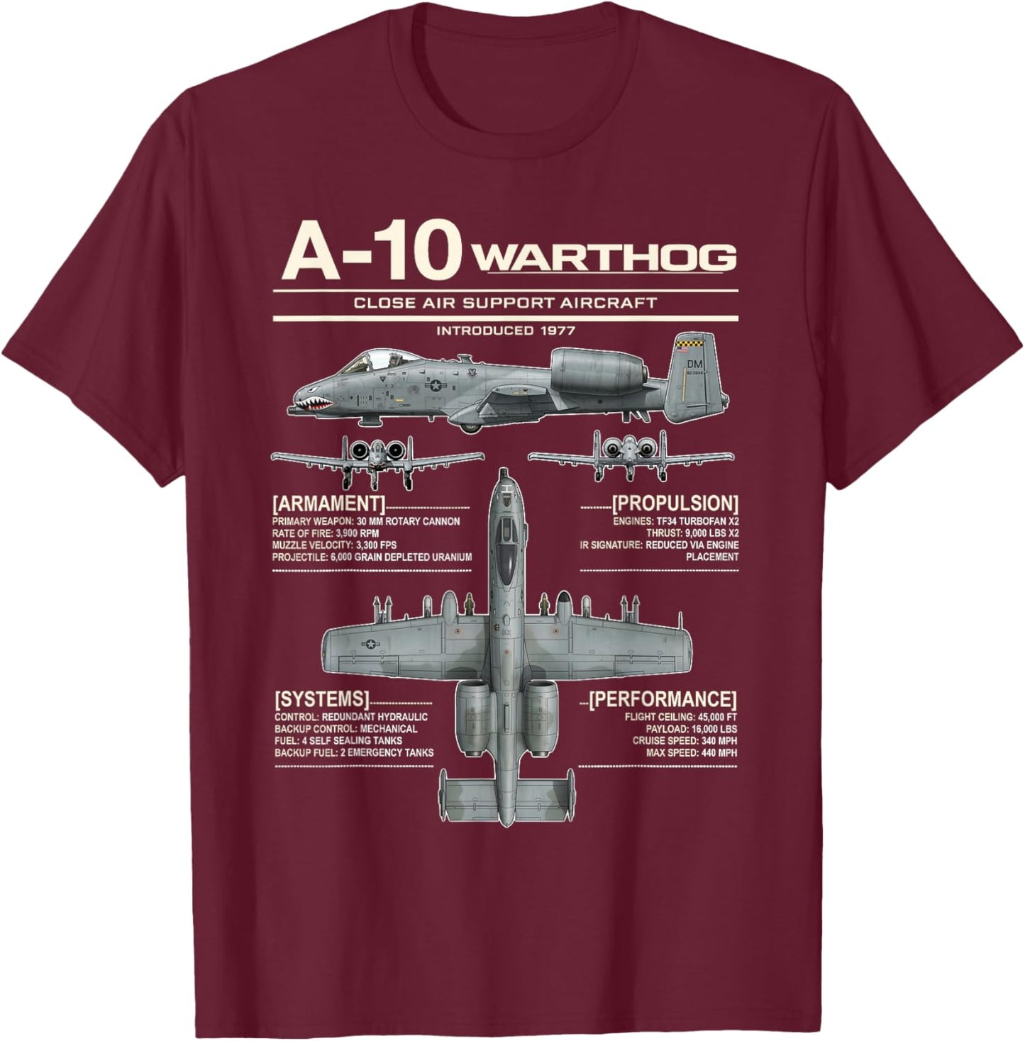 A-10 Warthog Military Jet Spec Infographic T-Shirt - T-Shirt | Maroon