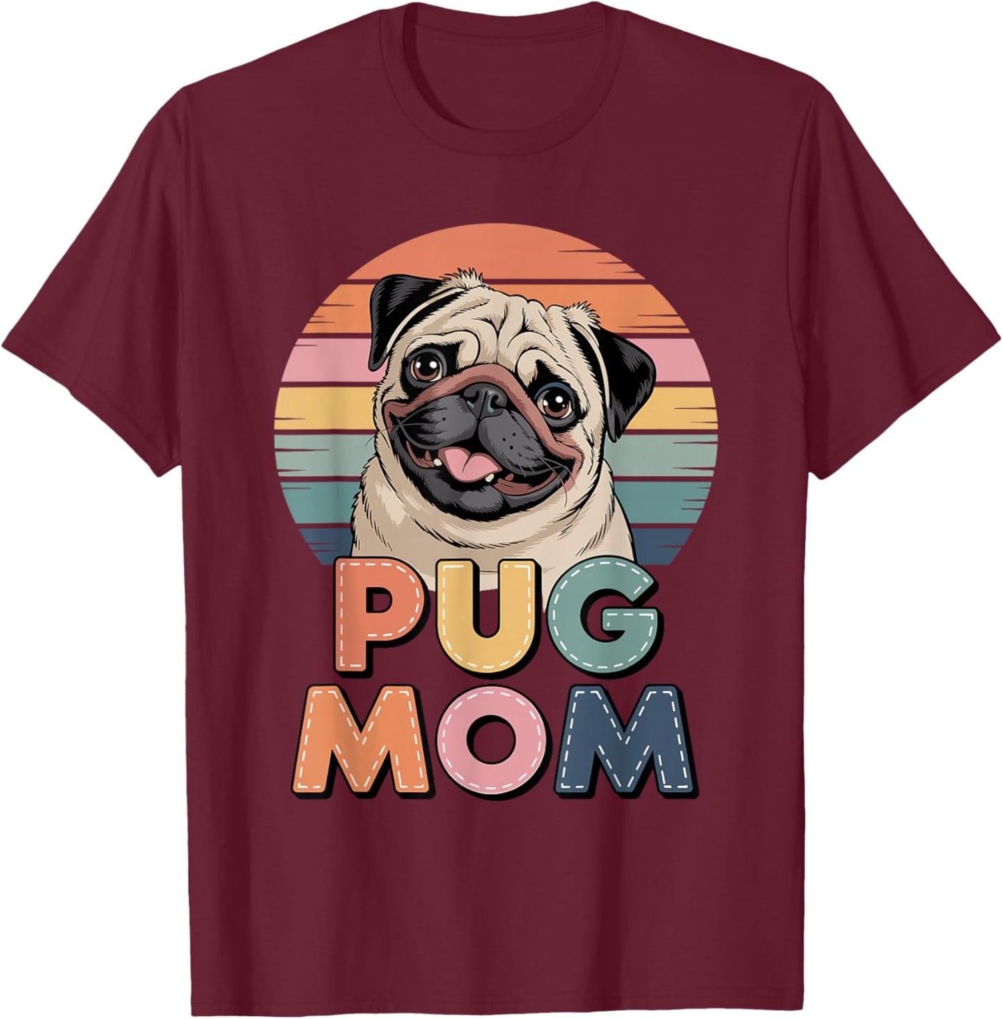 Retro Pug Mom Chinese Pugs T-Shirt - T-Shirt | Maroon