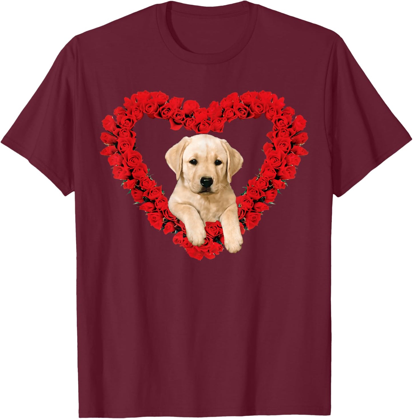 Rose Heart Yellow Lab Puppy Valentines Day Cute T-Shirt - T-Shirt | Maroon