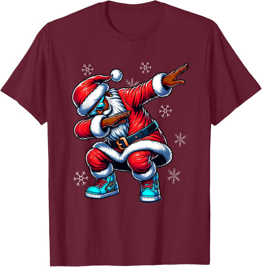 African American Christmas Dabbing Afro Santa Claus PJ T-Shirt - T-Shirt | Maroon
