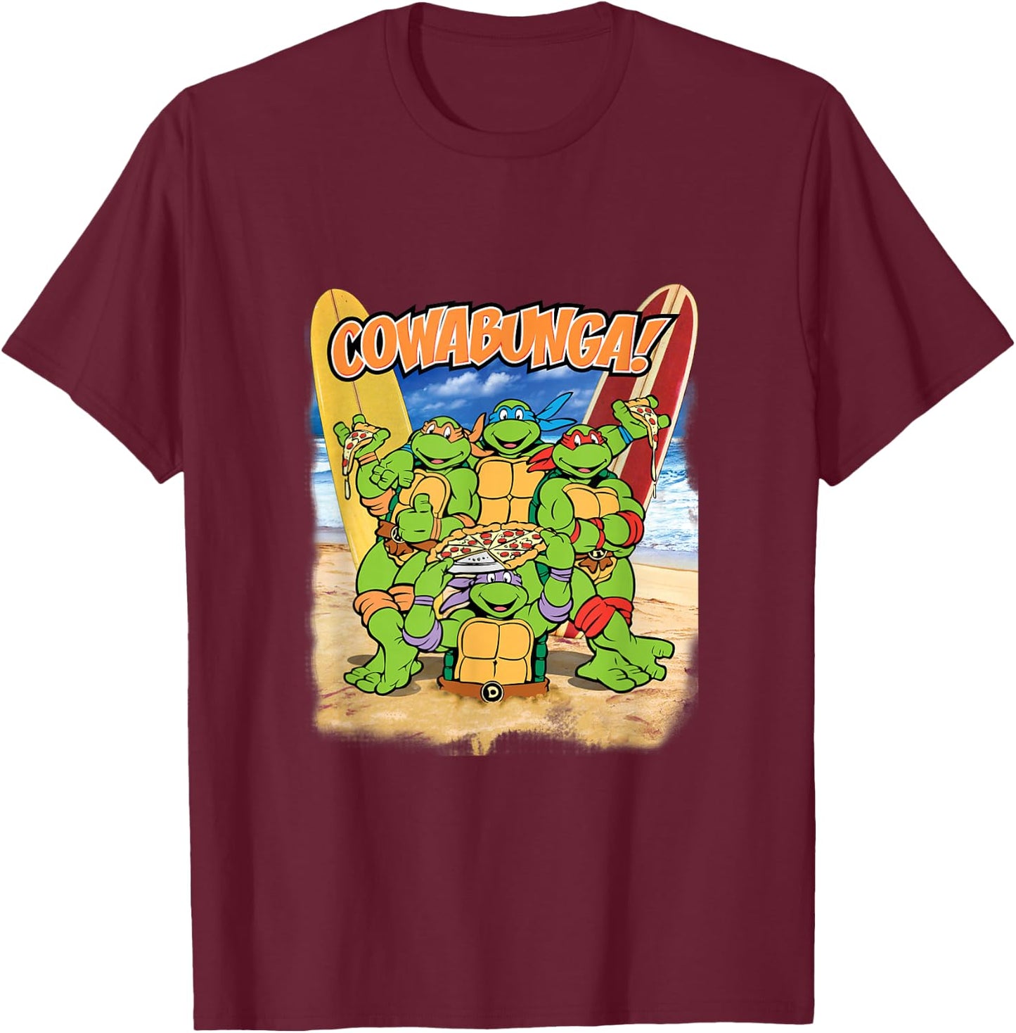 TMNT Cowabunga! Pizza On The Beach T-Shirt - T-Shirt | Maroon