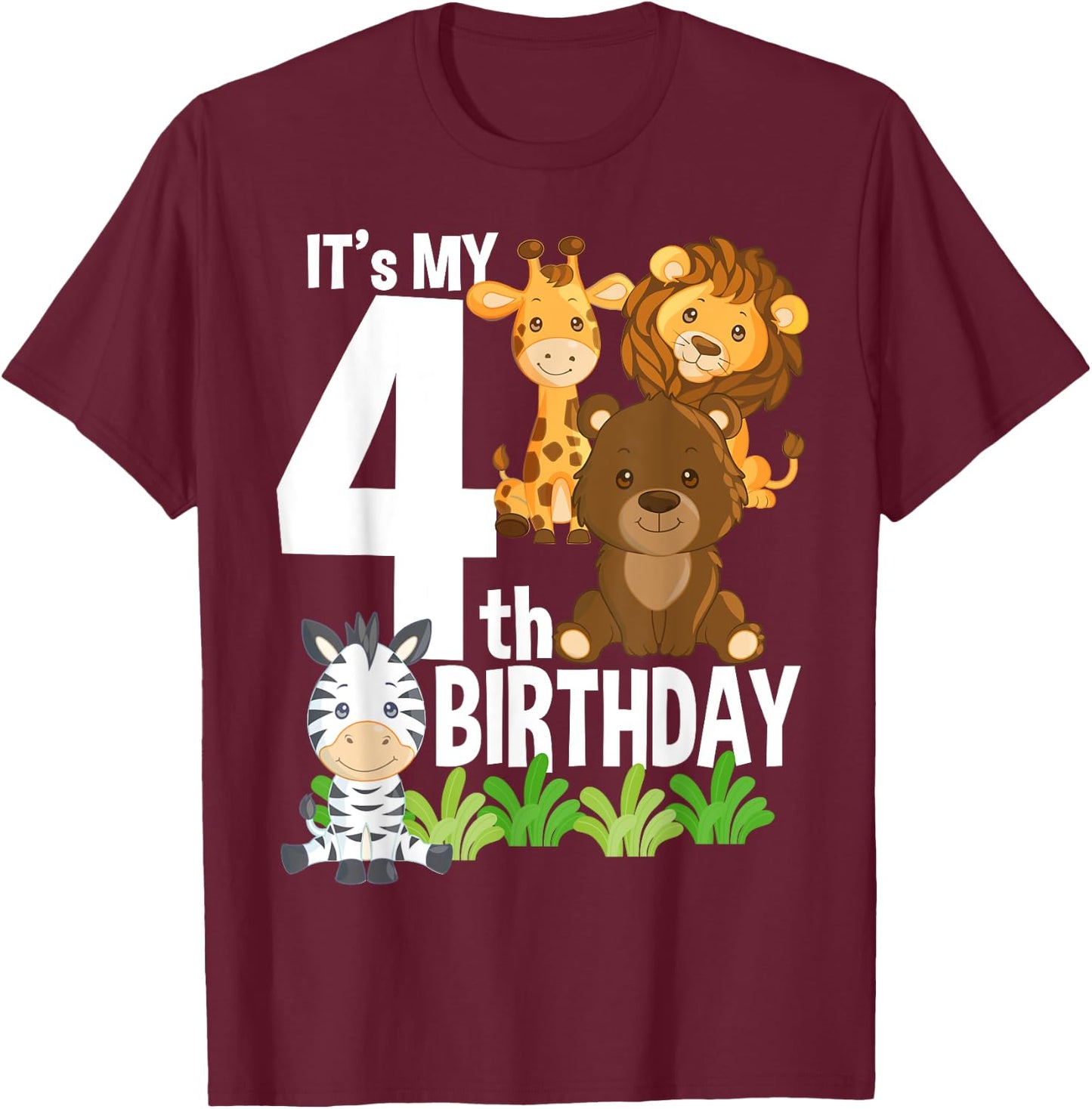 It's My 4th Birthday Zoo Theme Birthday Safari Jungle Animal T-Shirt - T-Shirt | Maroon