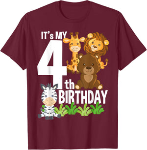 It's My 4th Birthday Zoo Theme Birthday Safari Jungle Animal T-Shirt - T-Shirt | Maroon
