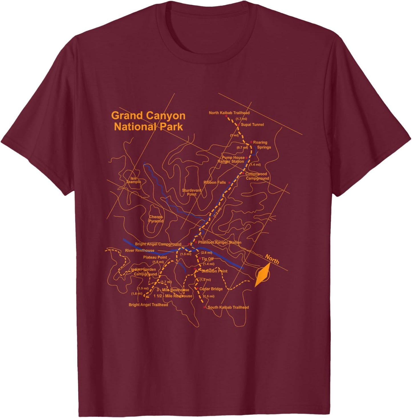 Grand Canyon National Park Trail Map Hiking Love T-Shirt - T-Shirt | Maroon