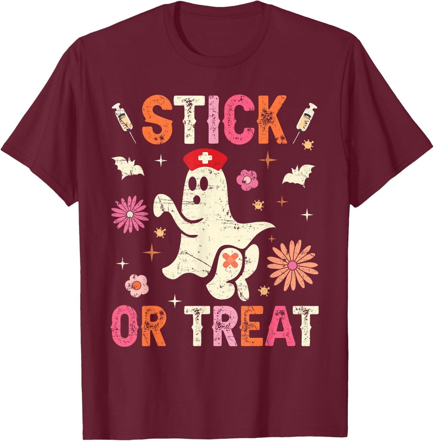 Stick Or Treat Halloween Ghost Nurse Halloween Phlebotomy T-Shirt - T-Shirt | Maroon