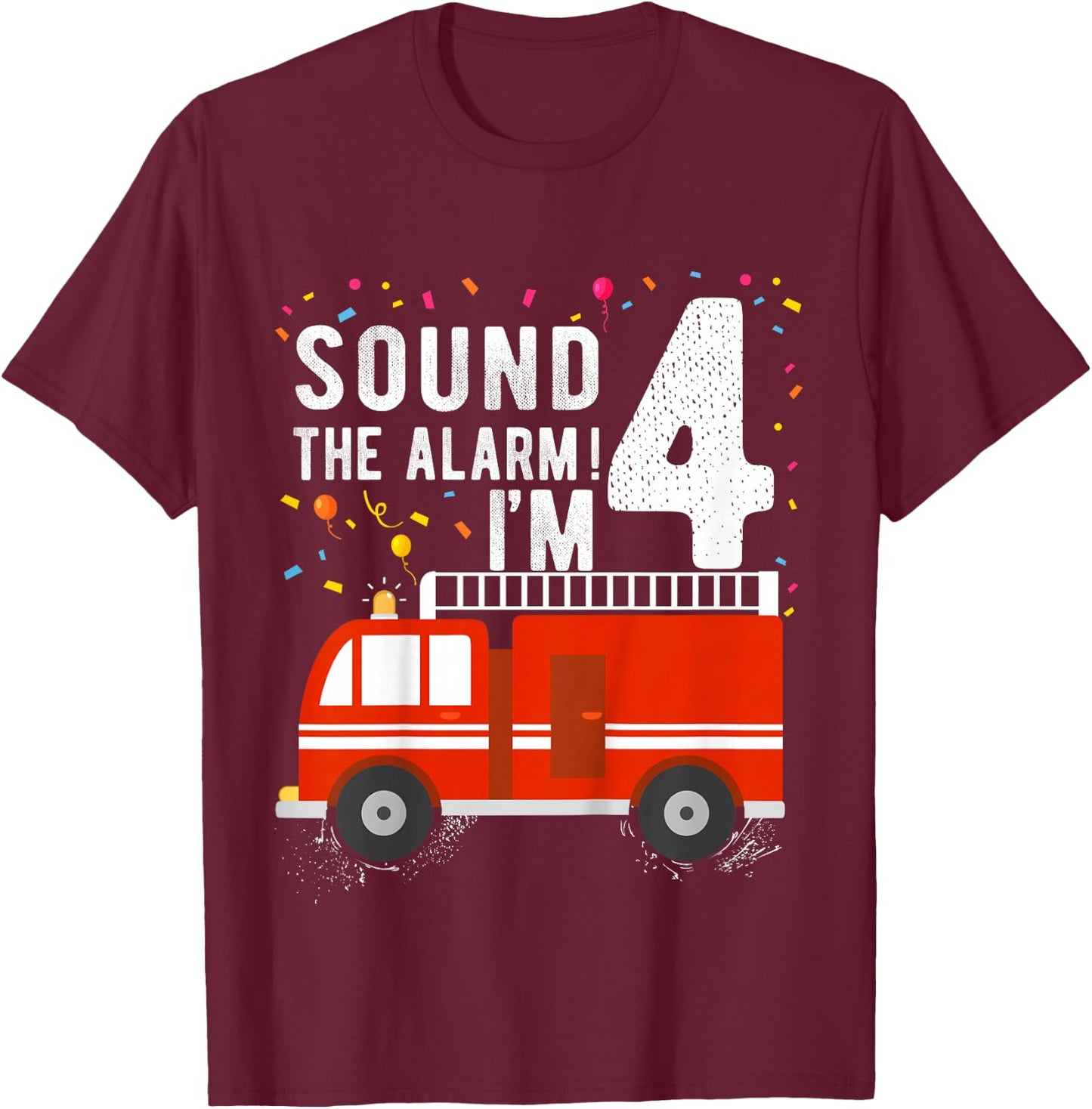 Kids Fire Truck 4th Birthday Boy 4 Year Old Firefighter T-Shirt - T-Shirt | Maroon