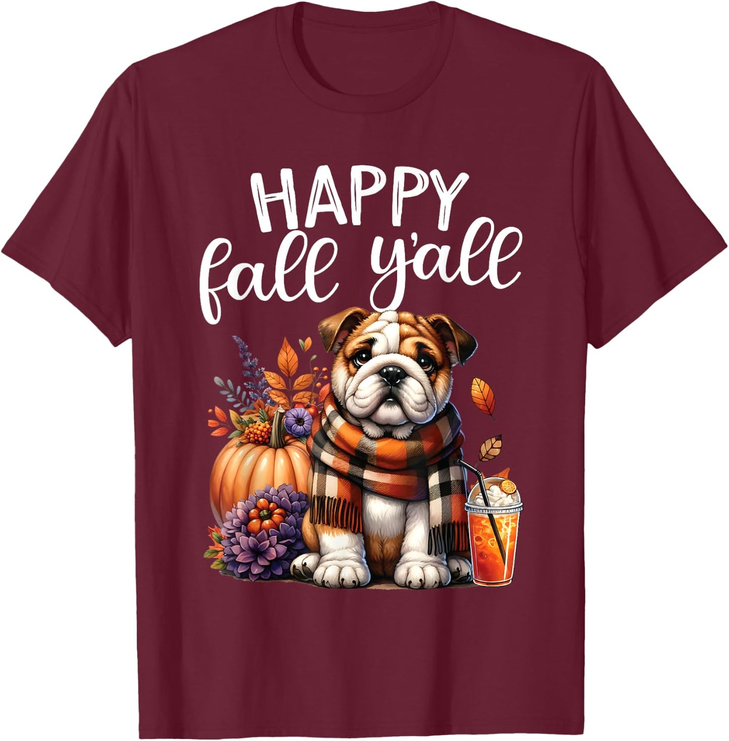 Thankful Grateful Blessed English Bulldog Fall Y'all Autumn T-Shirt - T-Shirt | Maroon