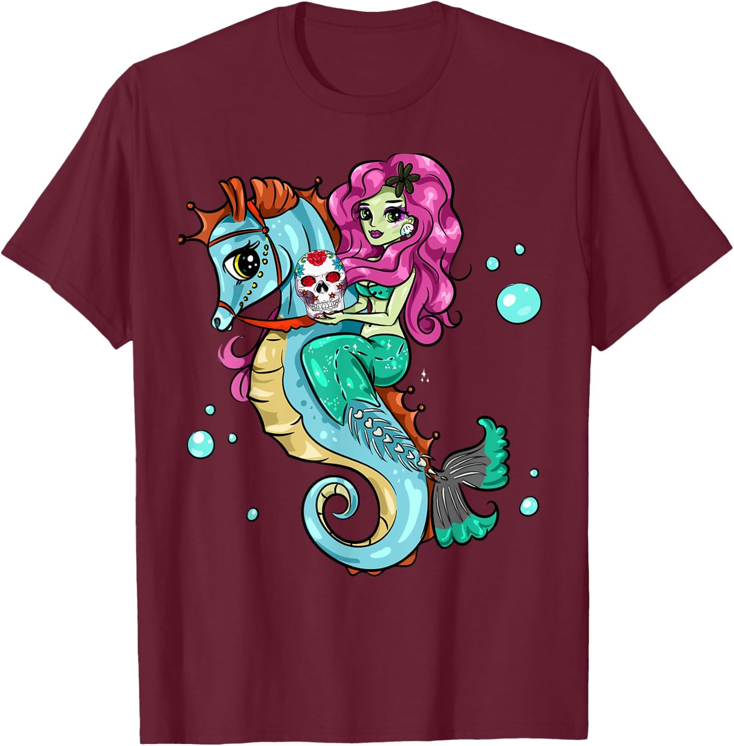 Halloween Skeleton Mermaid Sugar Skull Sea Horse T-Shirt - T-Shirt | Maroon