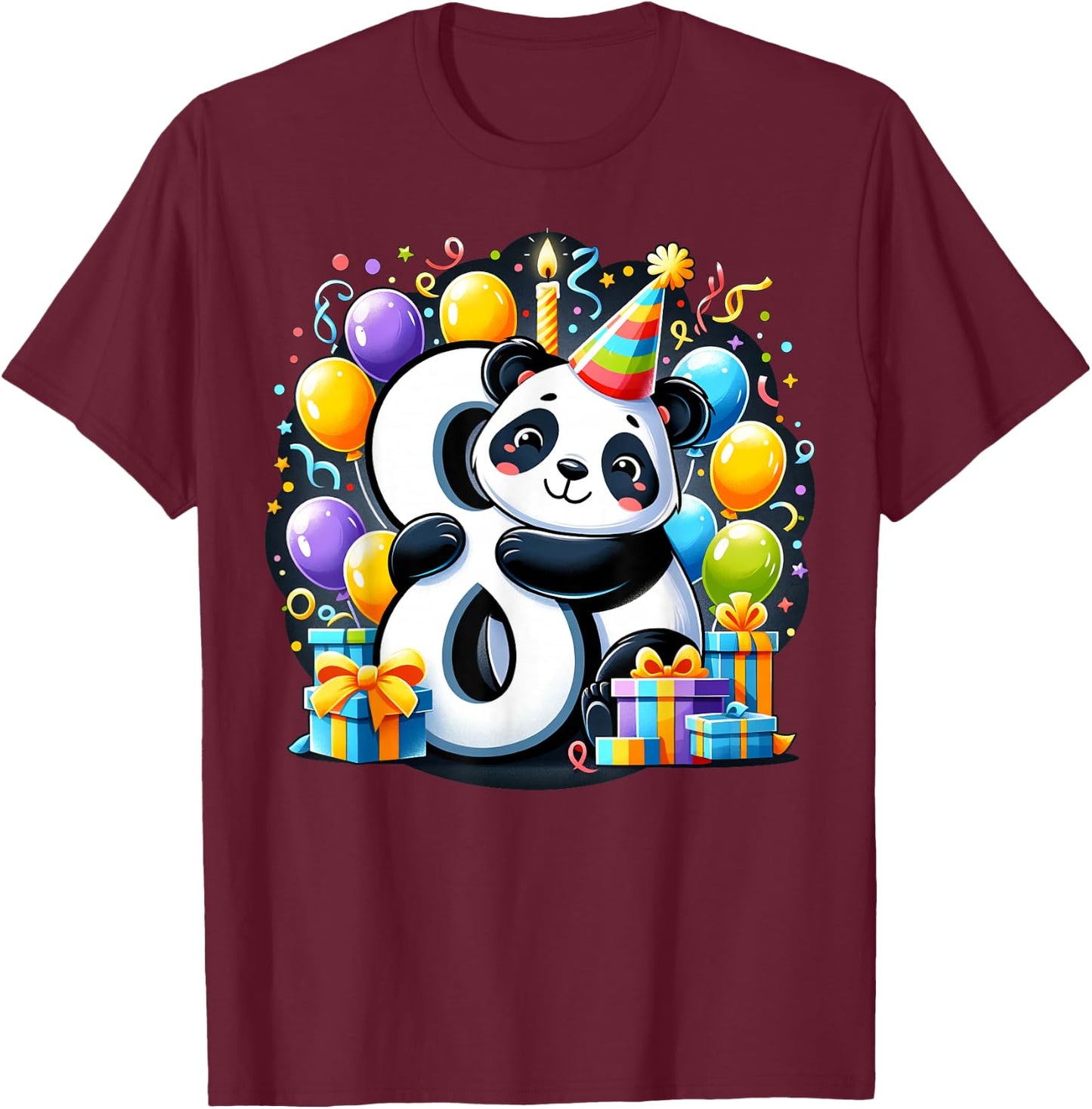 Panda 8th birthday boy girl 8 years old eighth eight Panda T-Shirt - T-Shirt | Maroon