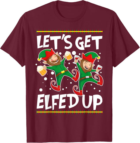 Let's Get Elfed Up Funny Christmas Elves Beer & Wine T-Shirt - T-Shirt | Maroon