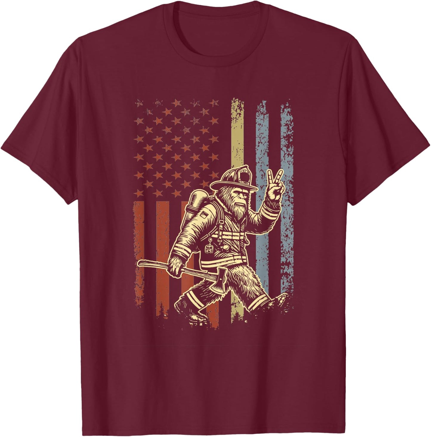 Retro American Flag Bigfoot Firefighter Sasquatch Fireman T-Shirt - T-Shirt | Maroon