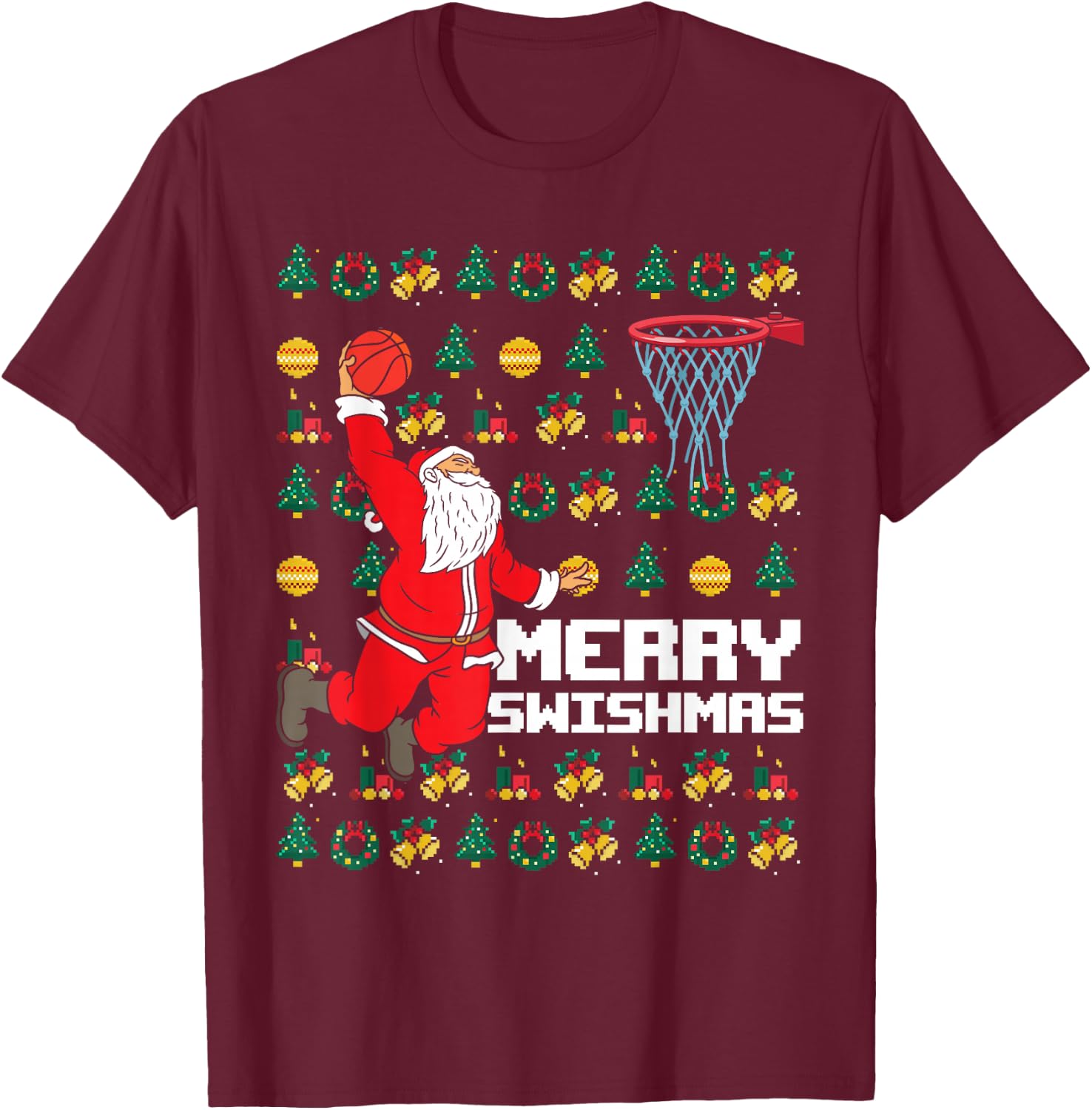 Merry Swishmas Basketball Fun Christmas Sporty Santa Xmas T-Shirt - T-Shirt | Maroon