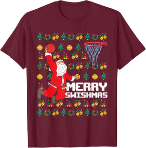Merry Swishmas Basketball Fun Christmas Sporty Santa Xmas T-Shirt - T-Shirt | Maroon