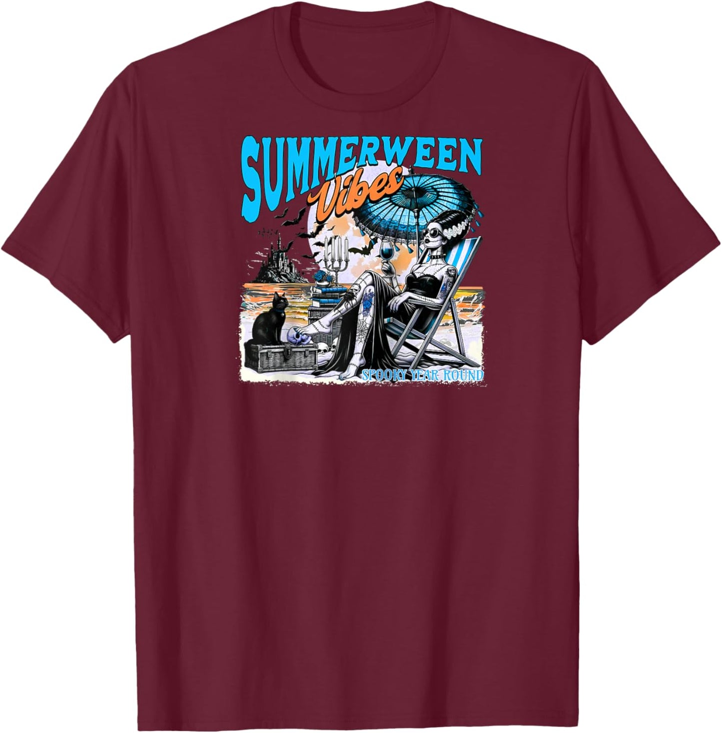 Bride Of Frankenstein, Summerween Vibes Spooky Year Round Raglan Baseball T-Shirt - T-Shirt | Maroon