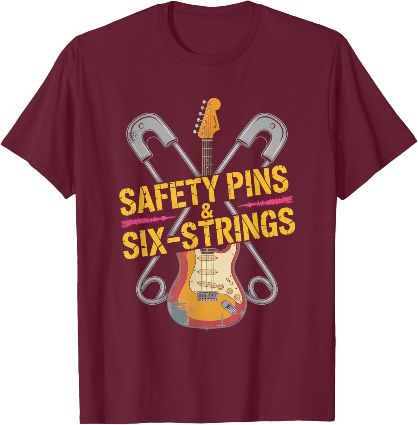 Safety Pins & Six Strings Punk Rock Music T-Shirt - T-Shirt | Maroon