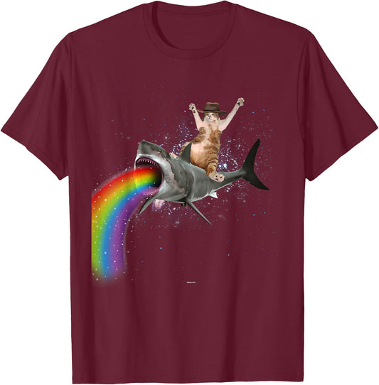 Funny Cat Rides a Rainbow Shark Shirt T-Shirt - T-Shirt | Maroon