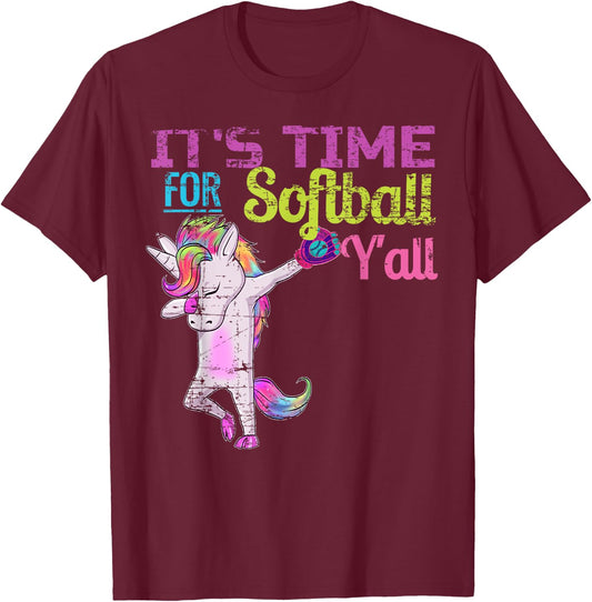 Softball Shirt Girls Dabbing Unicorn Softball Y'all Vintage T-Shirt - T-Shirt | Maroon