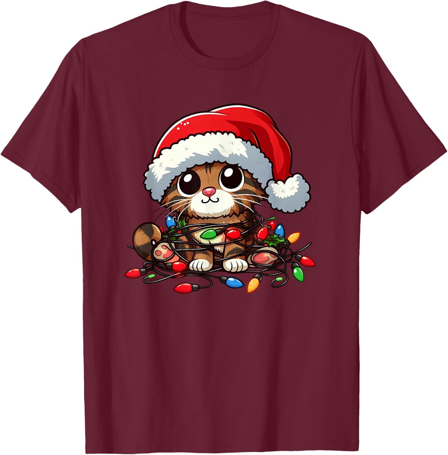 Brown Tabby Cat Christmas Lights Pet Funny Xmas T-Shirt - T-Shirt | Maroon
