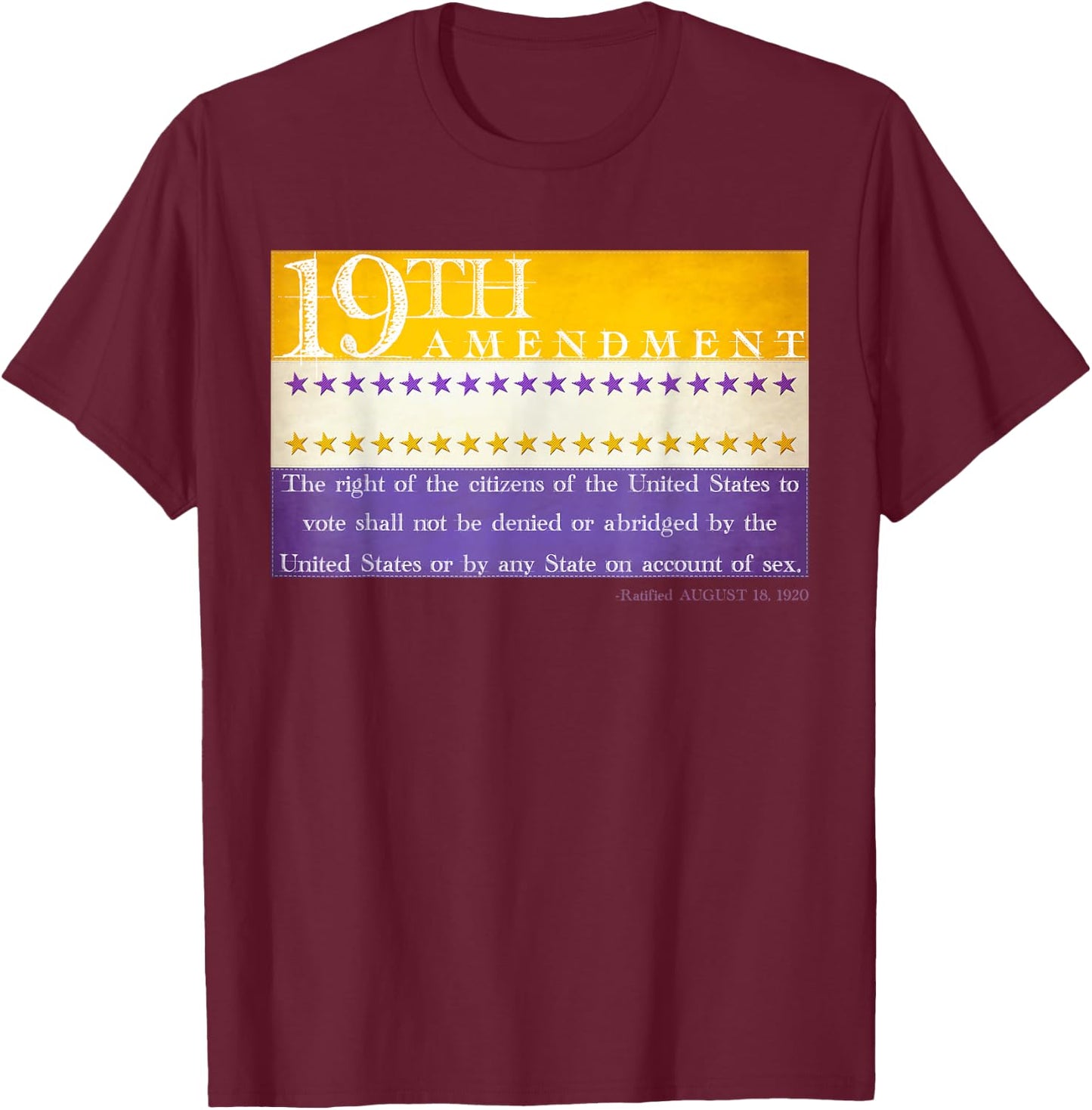 Vintage 19th Amendment Suffrage Victory Flag Centennial Text T-Shirt - T-Shirt | Maroon