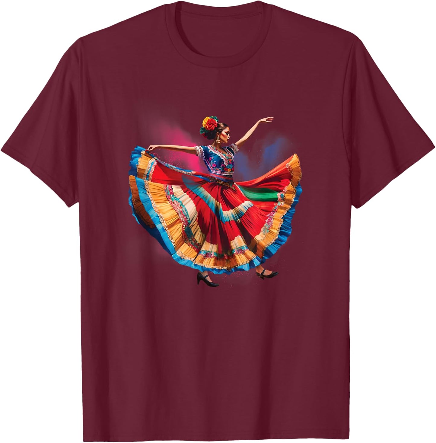 Folklorico Woman Dancing Mexican Heritage Folk Dance T-Shirt - T-Shirt | Maroon