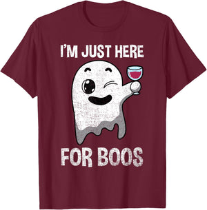 Im Just Here For Boos Shirt Halloween Ghost Wine Glass Wink T-Shirt - T-Shirt | Maroon