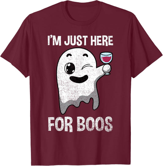 Im Just Here For Boos Shirt Halloween Ghost Wine Glass Wink T-Shirt - T-Shirt | Maroon
