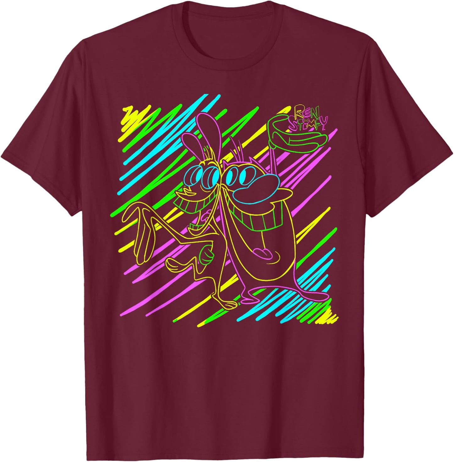 Ren and Stimpy Neon Line Art T-Shirt - T-Shirt | Maroon