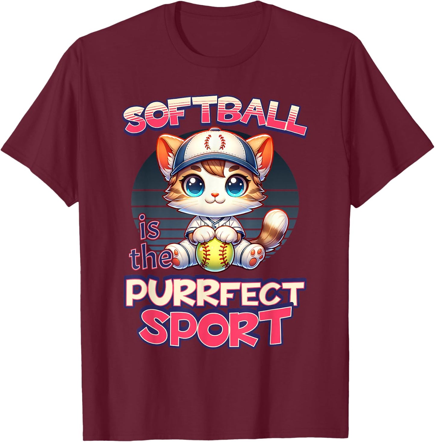 Softball is the Purrfect Sport Cute Kitty Cat Kitten Graphic Women Girls Kids T-Shirt - T-Shirt | Maroon