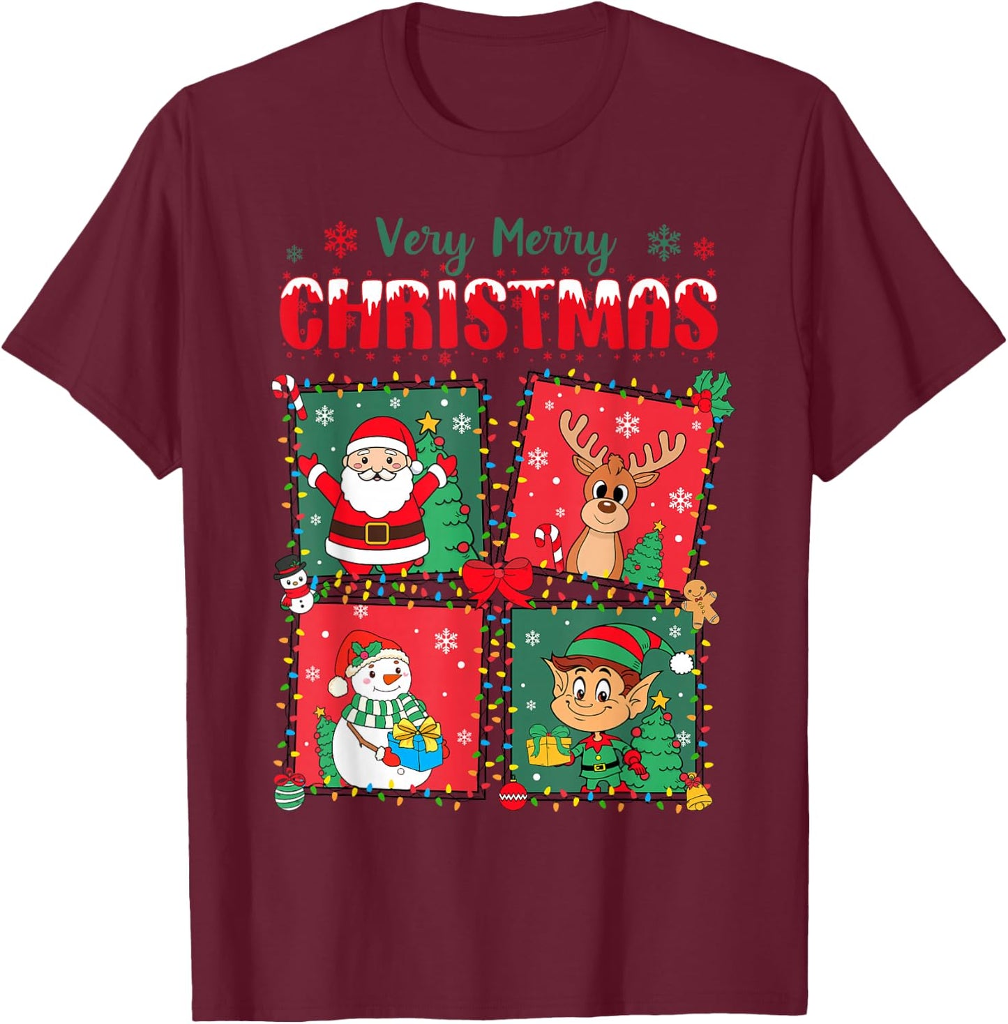 Very Merry Christmas Santa, Reindeer, Snowman, Elf Xmas Cute T-Shirt - T-Shirt | Maroon