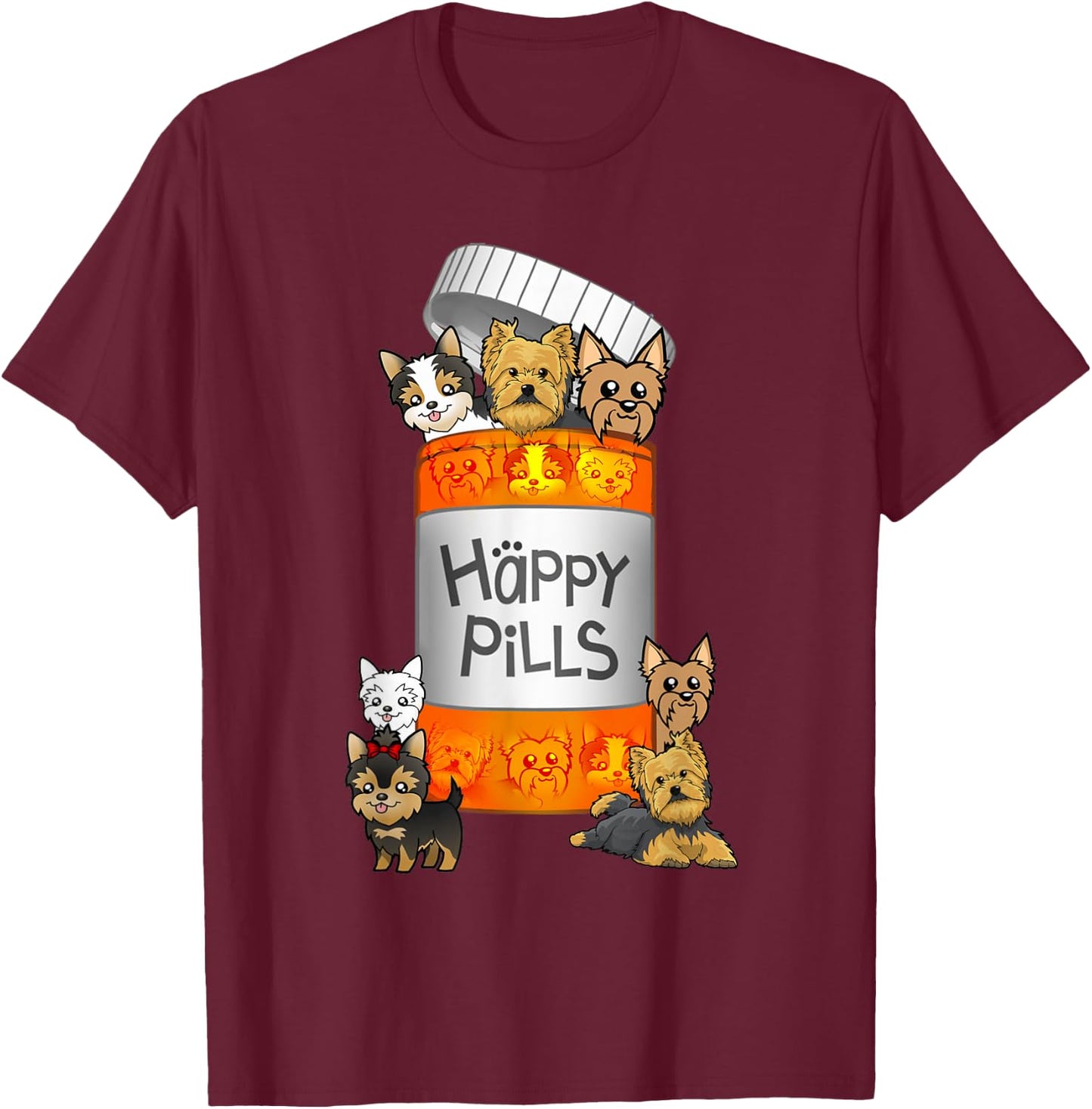 Yorkie Happy Pills T-Shirt - T-Shirt | Maroon