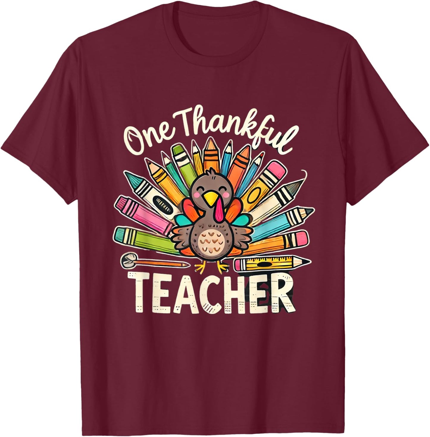 One Thankful Teacher Cute Thanksgiving Turkey School T-Shirt - T-Shirt | Maroon