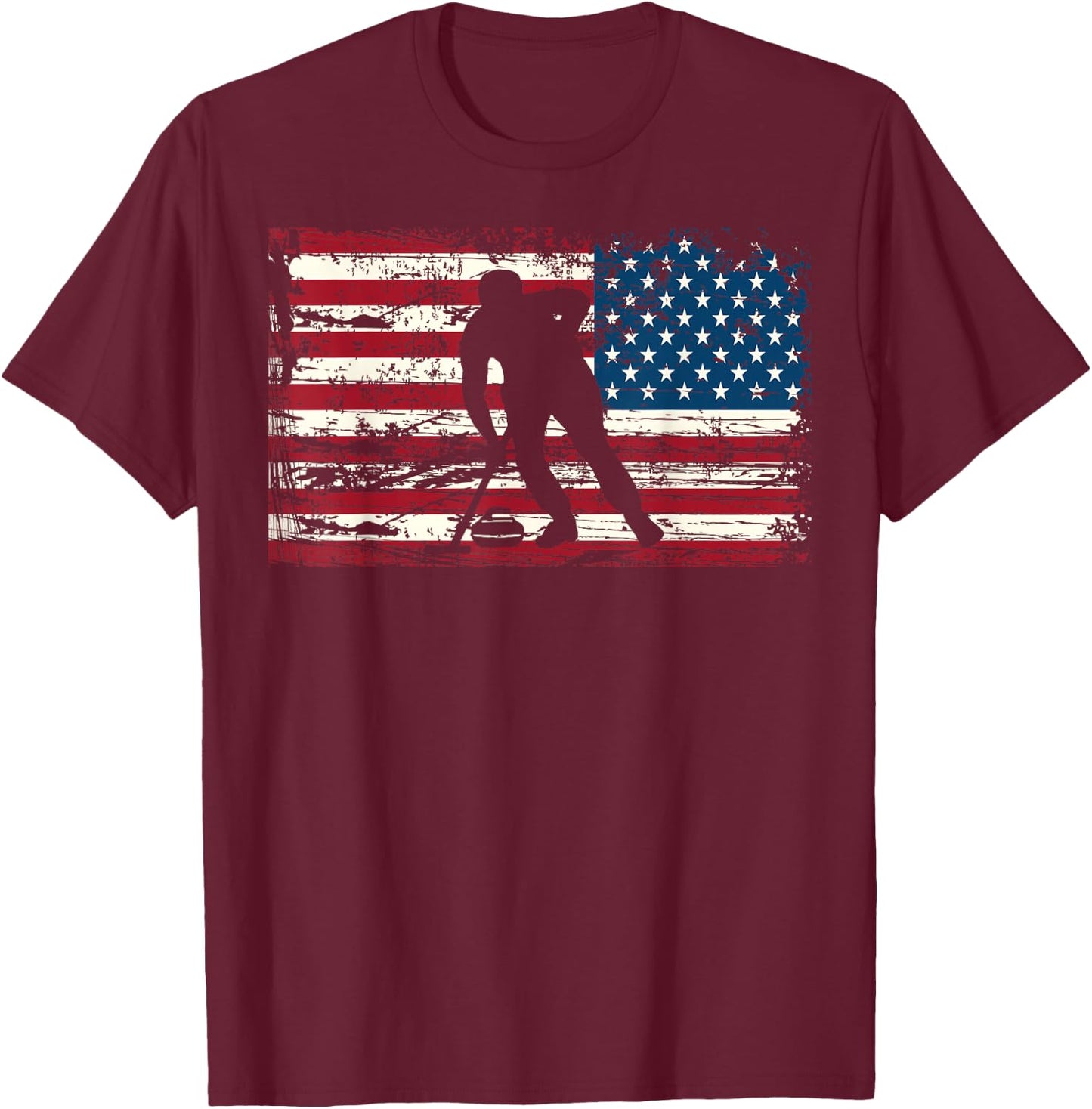 Curling American Flag USA Winter Sports Man Woman T-Shirt - T-Shirt | Maroon